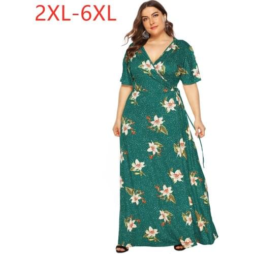 2021 summer new plus size long dress for women large slim casual short sleeve flower V neck dresses belt green 4XL 5XL 6XL 7XL