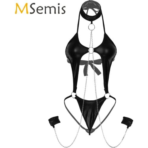 Womens Sexy Lingerie Bodysuit with Metal Chain Cuffs Patent Leather Erotic Lingerie Set O Ring Cutout Halter Lace-up Nightwear