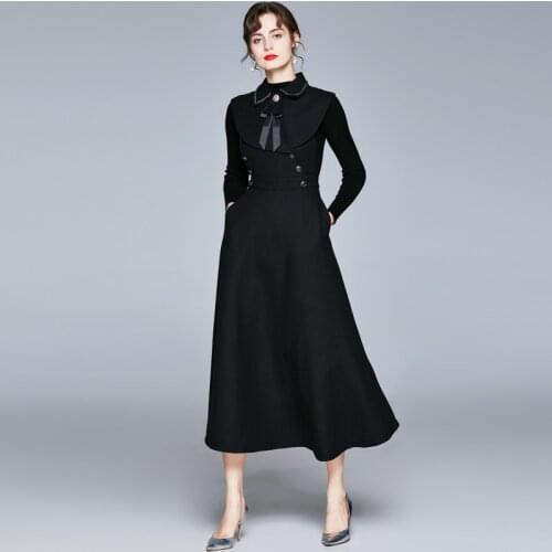 ZUOMAN Women Winter Elegant Wool Blends Dress Festa High Quality Long Vintage Party Robe Femme A-Line Designer Black Vestidos