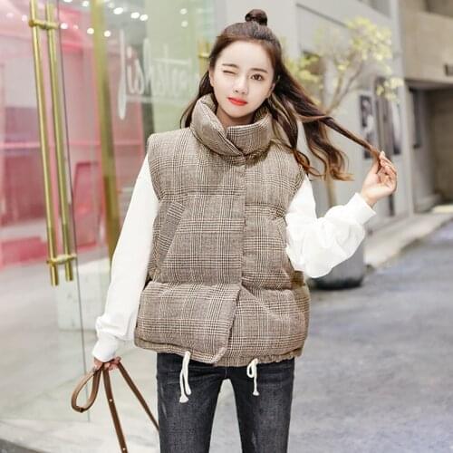 2020 Winter Vest Top Women Casual Cotton Korean Style Plaid Gray Outwear Warm Sleeveless Jacket Woman Parkas with Pocket