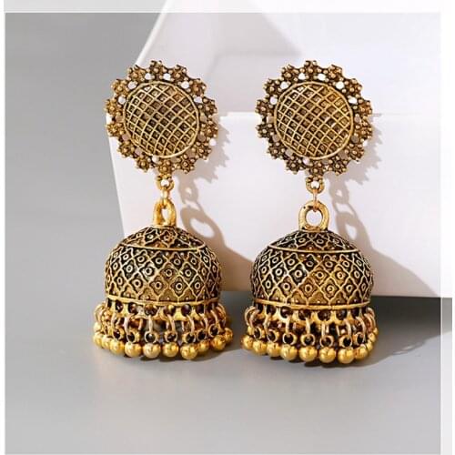 Antique Gold Sunflower Carved Dangle Hanging Earrings For Women Afghan Gypsy Tribe Bell Tassel Earrings Female Indian Jewelry