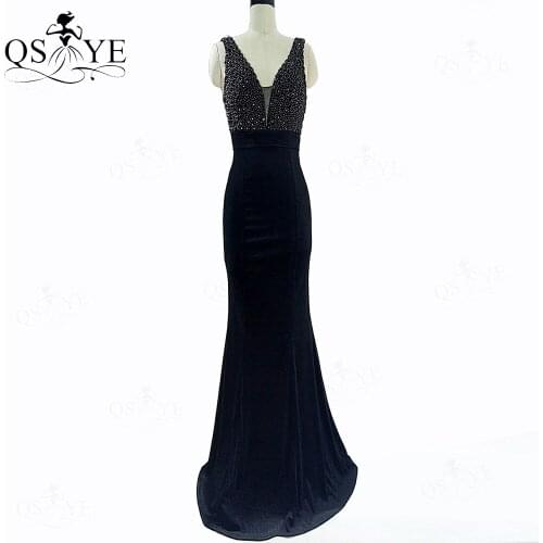 Velvet Black Evening Dresses Pears Mermaid Prom Gown Sexy V Neck Party Dress Open Back Formal Dress Sleeveless Fitted Vestido