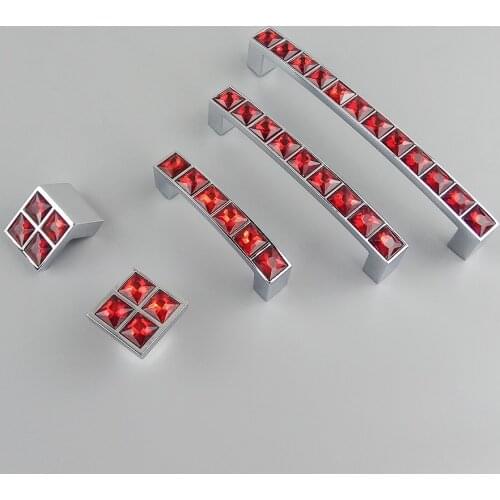 Shiny Real Crystal Glass Red Diamond Furniture Handles Sliding Door Drawer Knob Wardrobe Kitchen Cabinets Cupboard Dresser Pulls