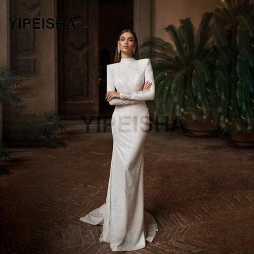 Glittery High Neck Long Sleeve Mermaid Evening Dresses Beading Appliques Backless Formal Prom Party Gown vestidos de fiesta