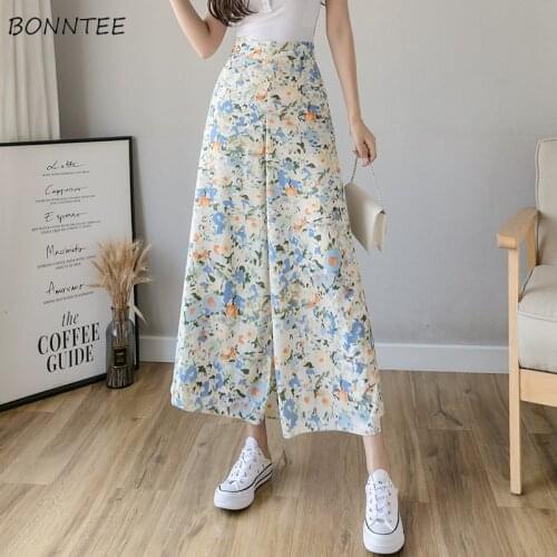 Wide Leg Pants Womens High Waist Floral Sweet Elegant Fashionable Loose Summer Ulzzang Chiffon Breathable Stylish Trousers Ins