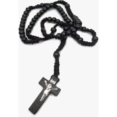 Christian Catholic Wooden Cross Virgin Holy Christ Pendant Necklace For Men Women Rosary Handmade Necklace Prayer Beaded Jewelry