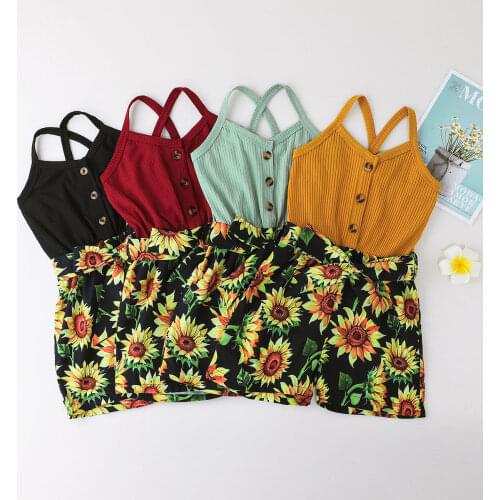 FOCUSNORM 1-6Y Summer Kids Girls Cute Jumpsuits Sleeveless Single Breasted Sunflowers Patchwork Bow Belt Playsuits