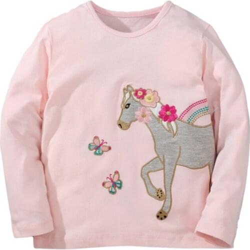 Jumping Meters Girls T-shirt Autumn Cartoon Butterfly Flowers Unicorn Pattern Casual Crew Neck for Long Sleeve Top Pink Clothes