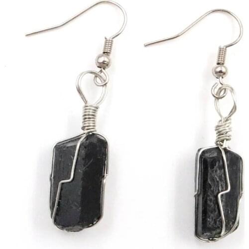 FYSL Silver Plated Wire Wrap Irregular Shape Black Tourmaline Stone Dangle Earrings for Women Ethnic Style Jewelry