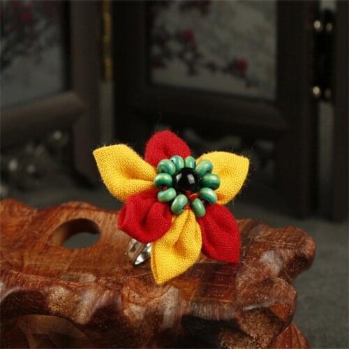Ethnic Style Colorful Beaded Cloth Flower Ring Fashion Handmade Big Hand-woven Plant Finger Jewelry Accessories