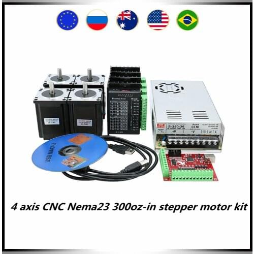 4 axis CNC Nema23 57 stepper motor kit include 4 pcs 2Nm 300oz-in motor +4 pcs drivers + 1 pcs 350w36v power supply + MACH3 card