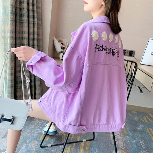 Purple/Yellow/Pink Candy Colors Denim Jacket Women Spring Autumn Short Daisy Embroidered Student Tops Jeans Jacket & Coat Womens