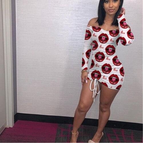 Summer fashion sexy womens dress, one-word collar, printed folds, folded dress