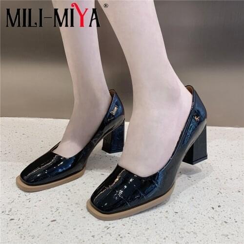 MILI-MIYA Fashion Stone Pattern Women Cow Leather Pumps Slip On Thick Heels Square Toe Office Career Shoes For Ladies Size 34-40
