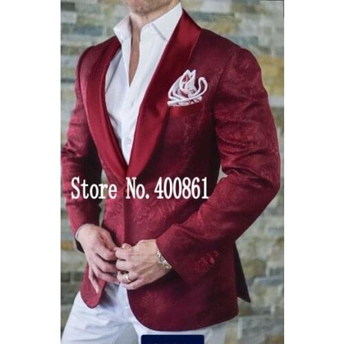 Fashionable One Button Burgundy Paisley Groom Tuxedos Shawl Lapel Groomsmen Men Blazers Suits (Jacket+Pants+Tie) NO:330