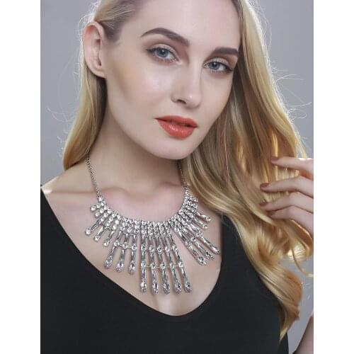 Fashion Korean Style Silver-color Chain Charm Crystal Rhinestone Bib Statement Necklace Earrings Set Women Vintage Indian Jewelr