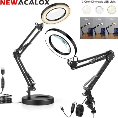 NEWACALOX 5X Magnifying Glass with Light 3 Color Mode Stepless Dimmable Adjustable Swivel Arm Crafts Workbench Reading Magnifier