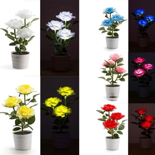 Mycyk New 3LED rose lamp 3head rose bonsai simulation flower LED potted solar table lamp night light Wedding Party Ramadan Decor