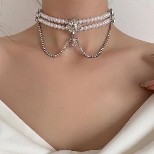 New Design Crystal Flower Statement Chokers Necklaces for Women Wedding Jewelry Pearl Colliers Charms Tassel Pendant Necklace