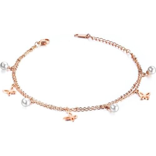 Stainless Steel Pearl Butterfly Anklets For Women Rose Gold Color Charm Summer Foot Jewelry Gift Dropshipping