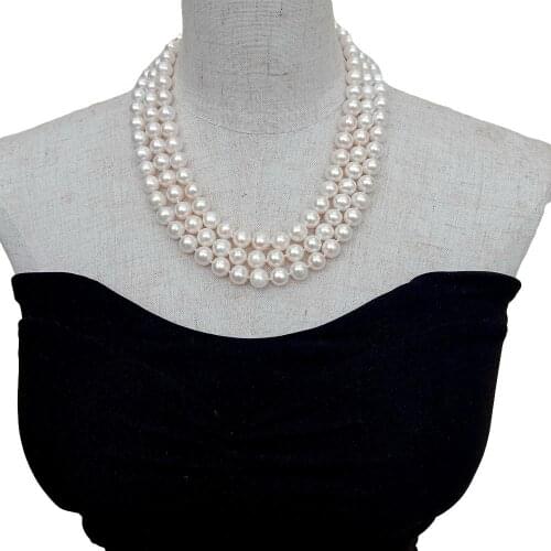 KKGEM Classic Style 925 Silver Clasp 3 strands Natural 10-11mm Real Cultured White Near Round Shape Freshwater Pearl Necklace
