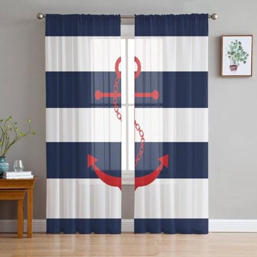 Simple Blue White Stripes Red Anchor Tulle Sheer Window Curtains for Living Room Kitchen Children Bedroom Voile Hanging Curtain
