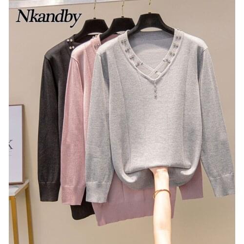Nkandby Plus Size Hollow Out V-neck Pullover Sweaters Autumn Diamonds Knitted Jumpers Solid Color Oversize Basic Knitwear Tops