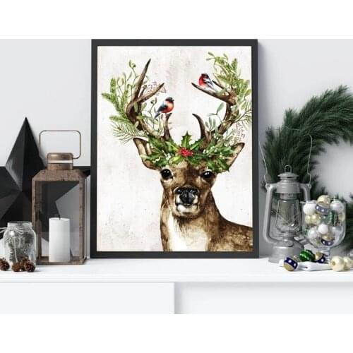 Woodland Animal Deer Canvas Print Painting Winter Holly Berries Wall Art Christmas Holiday Decoration Poster Picture Home Decor