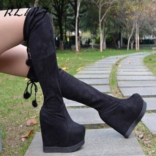 RLINF 2018 Winter New Over The Knee Boots Slim Elastic Boots Wedge with 15CM High Tube Thigh High Boots