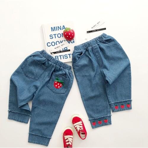 Tonytaobaby Summer New Girls Leisure Embroidered Strawberry Denim Trousers Toddler Girl Pants