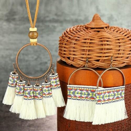 Bohemian Macrame Tassel Earring/ Necklace Set for Women Girl Boho Handmade Jewelry Set with Brown Suede Chain Crochet JF-39FJ3R