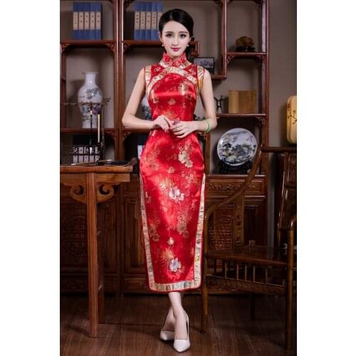 Shanghai Story Vintage Chinese Womens Satin Polyester Long Cheongsam Qipao Dress Sleeveless Qipao Dress For ladies