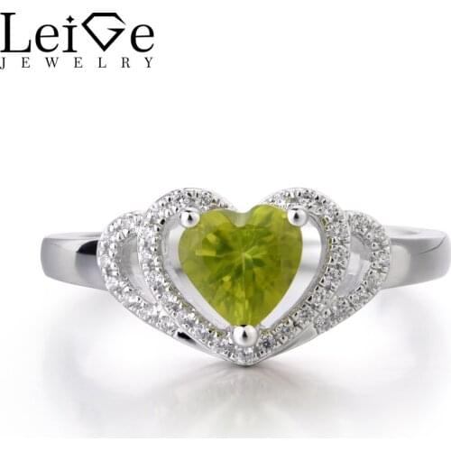 Leige Jewelry Natural Peridot Ring Heart Shape August Birthstone Wedding Bands Silver 925 Romantic Gifts For Woman