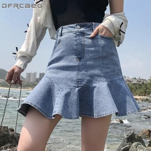 Vintage Women Denim Shorts Skirt With Ruffle 2021 Streetwear Summer Mini Skirts Jeans Casual Mermaid Saia Female