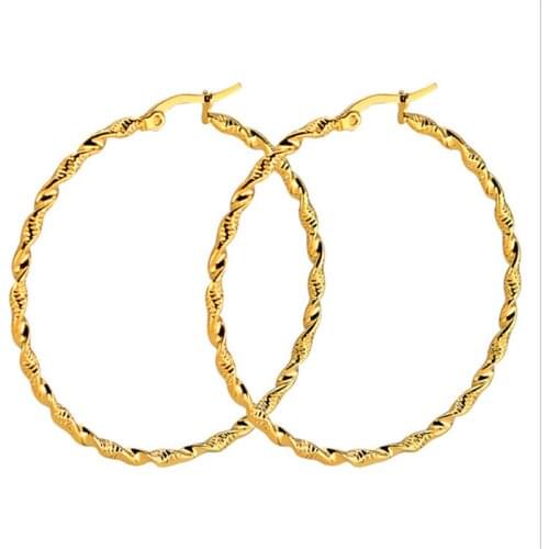 New Punk Twist Circle Ear Piercing For Women Gold Silver Color Big Round Stainless Steel Stud Earrings Fashion Jewelry