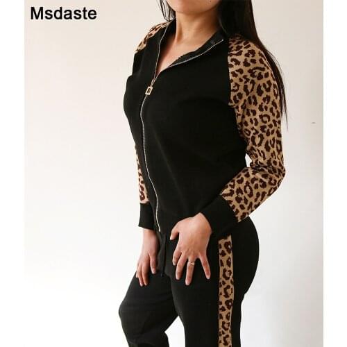 Leopard Women Clothing Set 2 Pieces:top+pants Two Piece Set Zipper Sweater Joggers Set Knitted Tracksuits Outfits for Woman