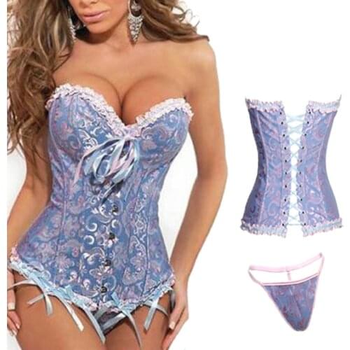 Womens Lacing Corset Top Satin Floral Boned Overbust Body Shaper Bustier Waist Trainer Body Shaping Slimming Clothing Plus Size