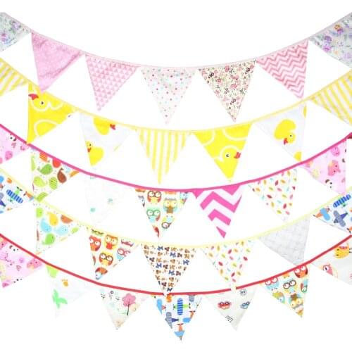 12 Flags - 3.2M Cotton Cartoon Fabric Banners Customize Girl Birthday Party Bunting Baby Shower Garland Decoration