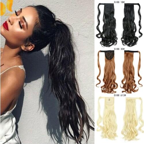 22" Long Wavy Clip in Ponytail Hair Extensions Wrap Around Synthetic Ponytail Fake Hair Pony Tail Grey Blonde Brown