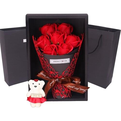 7pcs Scented Artificial Soap Flowers Rose Bouquet Gift Box Simulation Rose Valentines Day Birthday Gift With Little Bear & Box