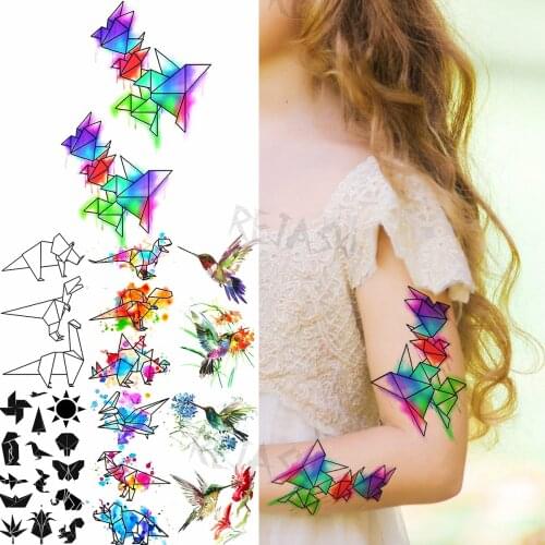 Watercolor Paper Crane Temporary Tattoos For Kids Women Doodle Hummingbird Fake Tattoo Realistic Animal Waterproof Tatoo Sticker