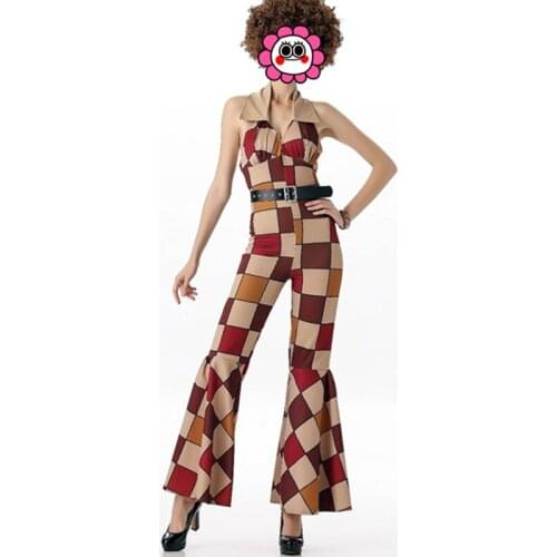 FREE SHIPPING Ladies 60s 70s Retro Hippie Go Go Girl Disco Costume Hen Xmas Party Jumpsuits For Women