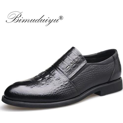 BIMUDUIYU Brand Mens Quality Genuine Leather Shoes 2021 New Arrival Men Classic Black Dress Shoes Slip on Mens Wedding Oxford