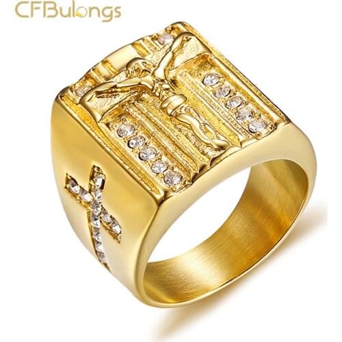 CFBulongs Creative Vintage Jesus Cross Gold High Quality Alloy Ring for Mens Fashion Mens Jewelry Gifts Bague Homme SP314