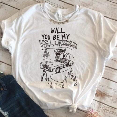 Will You Be My Hell Friend Funny Skull Printed Gothic Tees Unisex Loose Cotton Shirt Short Sleeve Street Style Gothic Tshirts