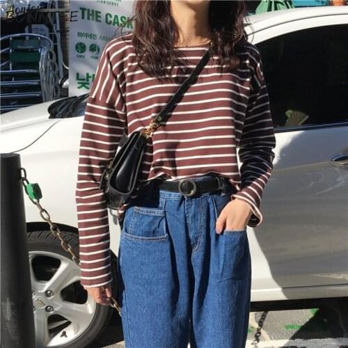 T-shirts Women Loose Chic All-match Simple Striped Harajuku Korean Style Students High Quality Daily Womens O-Neck Long Sleeve