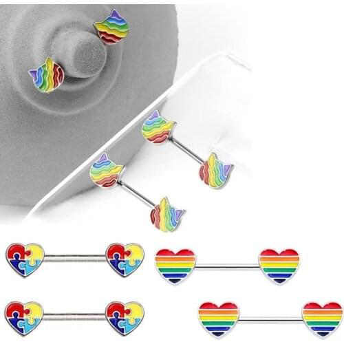 Oil Cartoon Cat Nipple Piercing Rainbow Striped Heart Barbell Charming Nipple Rings For Women Body Piercing Jewelry