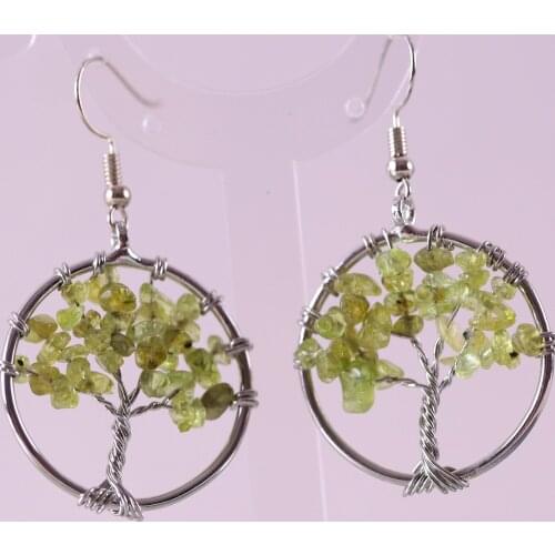 Tree of life - Natural Chip Beads Stone Green Peridot Olivine Zinc Alloy Wire Wrap Round Dangle Earrings 1Pair U375