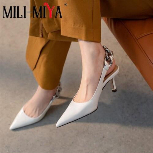 MILI-MIYA Sexy Pointed Toe Women Genuine Leather Pumps Thin Heels Slip On Solid Color Dress Party Shoes Plus Size 34-41 For Lady