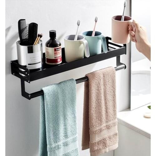 Nail or Nail Free bathroom Cosmetic Shelves Aulminium Shower Rack Square Black Kitchen Storage Organizer Rack Holder